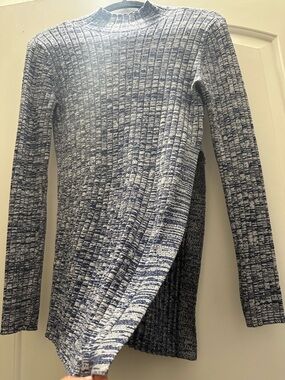 INTERMIX Navy and White Ribbed Turtleneck Sweater